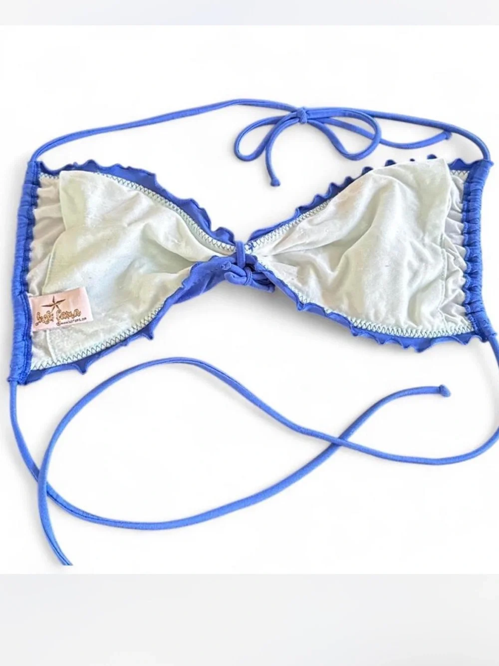 Luli Fama XL Royal Blue Bikini Top Ruffle Ruched Tie Front Halter‎ Swimwear Luxe